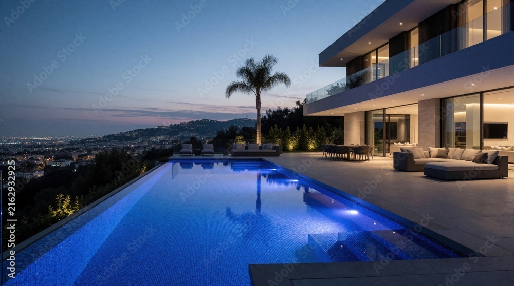 Fototapeta premium Modern luxury home features illuminated pool overlooking cityscape at dusk. Infinity pool with city view, palm tree, modern furniture, lounge area by house.