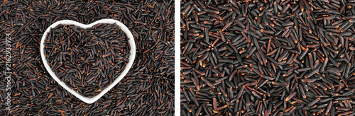 Black rice in a ceramic bowl as a background. Top view. Flat lay