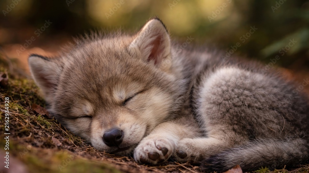 Naklejka premium Sleeping wolf pup in forest