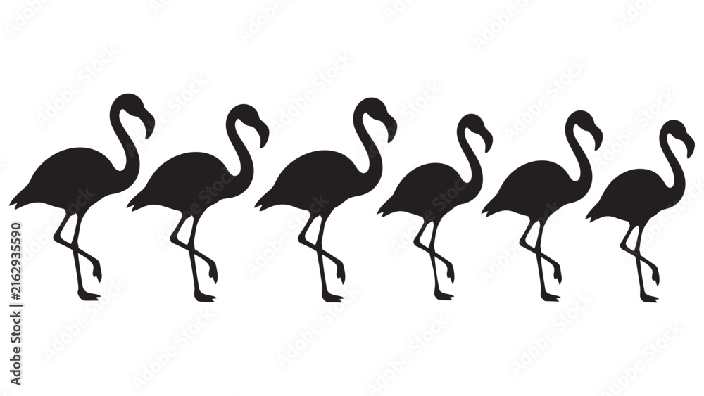 Obraz premium Black Silhouette Flamingo Line Art Vector Illustration Set of Six Birds Walking in a Row - Minimalist Design for Branding and Decorative Use