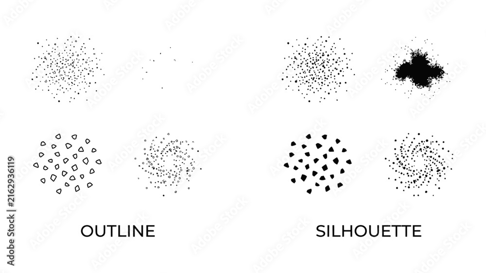 Fototapeta premium Abstract Splatter and Swirl Designs: A collection of graphic elements showcasing abstract splatter and swirling patterns, presented in both outline and silhouette formats.