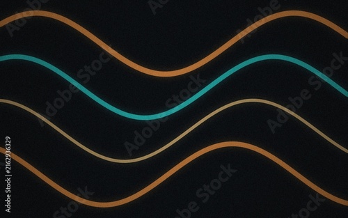 Abstract background, with four parallel, horizontal wavy lines, in orange, teal, and beige colors, against a dark, textured black backdrop
