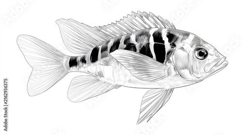 Detailed Illustration of a Striped Fish in Black and White Style