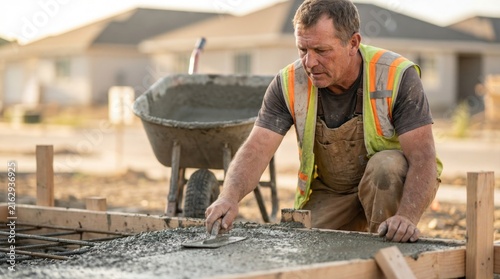 A construction worker is mixing and applying concrete on a building site in the late afternoon. A wheelbarrow is nearby