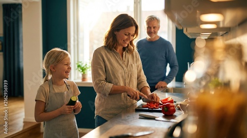 A woman and her daughter prepare food in the kitchen. The mother cuts vegetables while the father watches and smiles