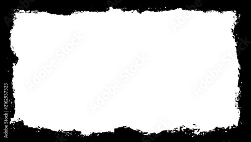 Torn paper black grunge border frame clip art. Rough distressed paint overlay texture layout isolated on white background for vintage banner and photo decoration.