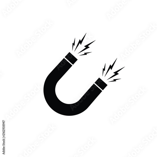Horseshoe magnet silhouette with electrical sparks on a white background
