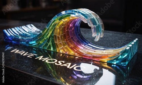 Colorful mosaic wave sculpture on dark surface