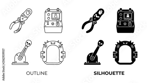 Quadro su tela Monochromatic Gadgets and Gizmos: A set of outline and silhouette icons depict various quirky, retro-futuristic gadgets and control panel elements, hinting at a world of science fiction and invention