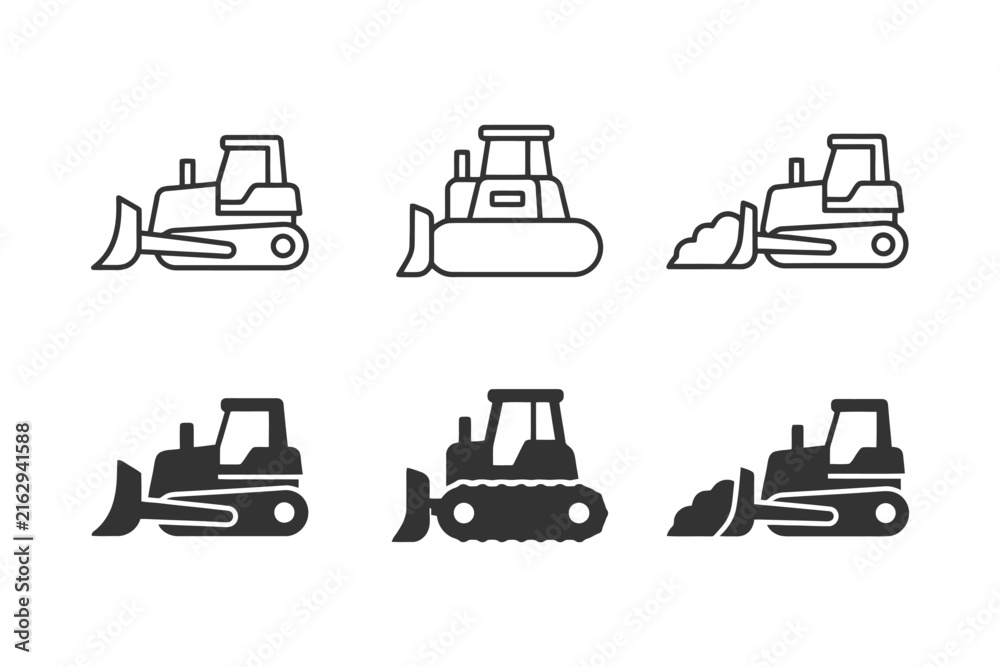 Naklejka premium Icon set of bulldozers and construction vehicles in outline and solid styles.