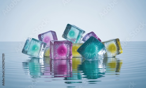 Colorful, translucent cubes rest atop rippled water