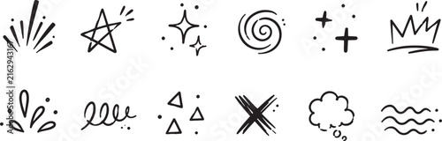 Hand Drawn Doodle Elements, Star Sparkle, Swirl Symbols Vector