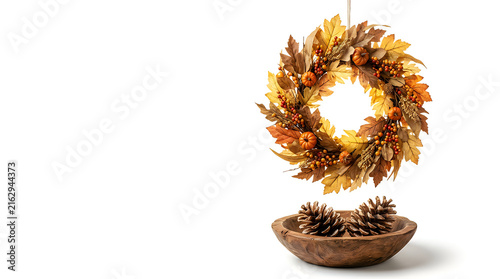 Autumn leaf wreath with pine cones in wooden bowl, fall harvest home decor, rustic seasonal arrangement on white background Autumn