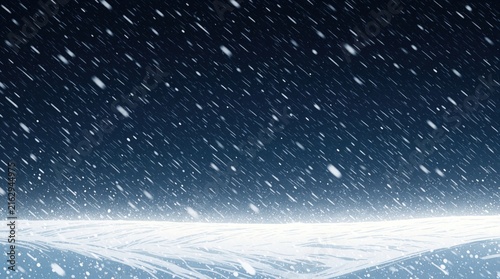 Heavy snowfall scene at dusk with dark blue sky and white snow drifts. Winter storm blizzard rages across frozen landscape. Cold weather outdoors nature, winter wonderland background.