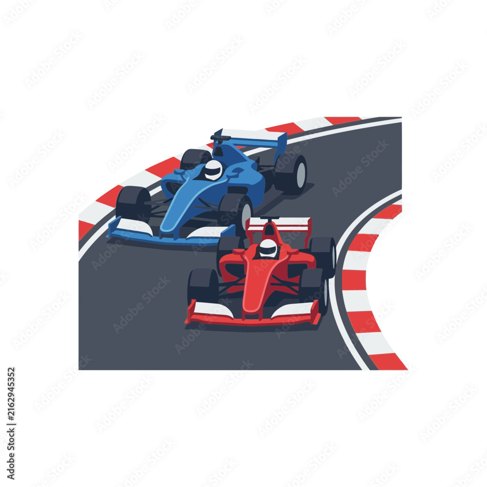 Fototapeta premium Two Formula 1 Race Cars Competing on a Track, Blue and Red Open-Wheel Sports Cars in Motion, Motorsport Competition, Speed and Victory