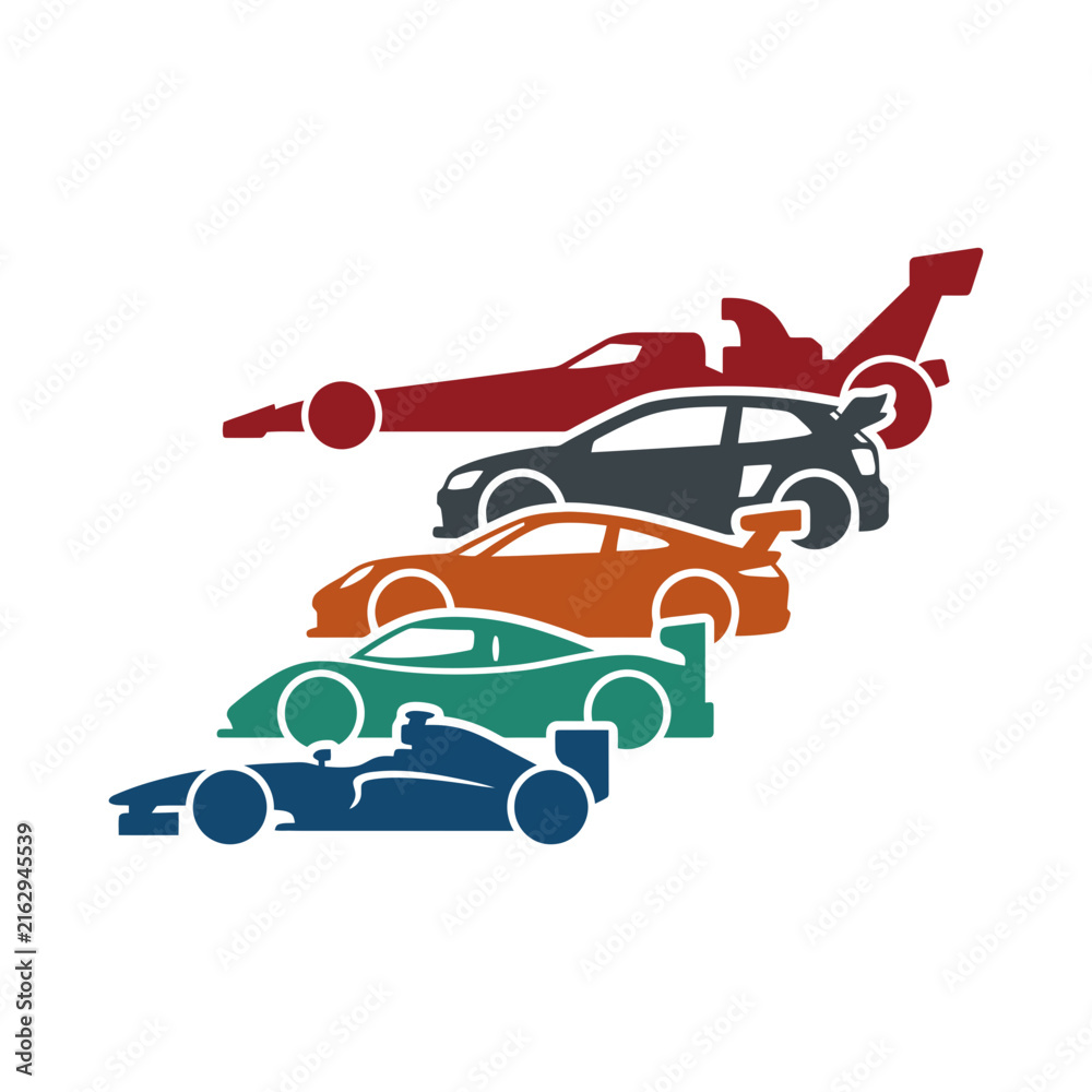 Fototapeta premium Colorful Racing Cars Silhouette Collection Isolated on Transparent Background - Speed, Competition, Automotive Design