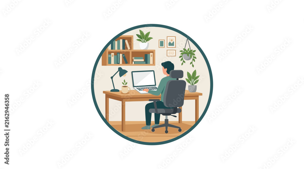 Fototapeta premium Man working on laptop at home office desk with plants.
