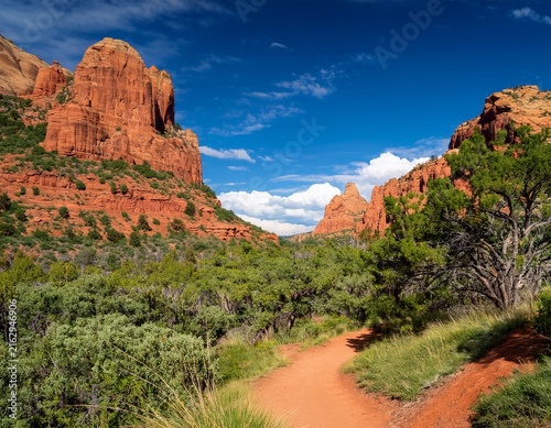 a serene mountain trail surrounded by lush greenery and vibrant red rock formations under a bright blue sky with wispy white clouds