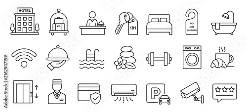 Hotel Hospitality Icon Set Featuring Accommodation Services, Room Amenities, Booking Facilities, Guest Services and Editable Stroke Vector Illustration.