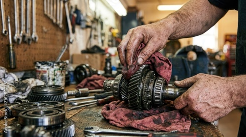 Mechanic cleaning metal gears with a red rag