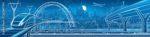 Futuristic high speed train traveling through a modern smart city with elevated transportation infrastructure, highway, bridge, power lines, airplane and urban skyline. Blue technology panorama illust