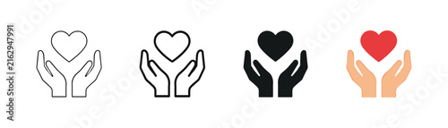 Two hands holding heart icon set representing love, care, compassion, support, kindness, charity, unity, and emotional connection