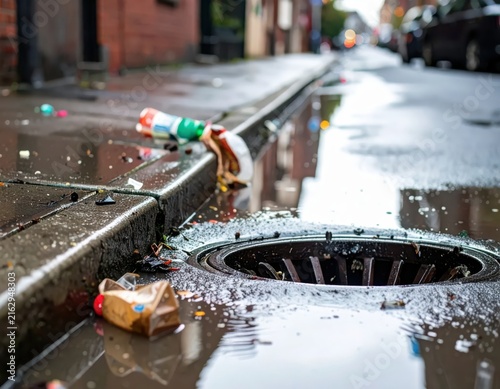 Urban Street Scene with Garbage and Drain, Capturing Environmental Impact and Pollution