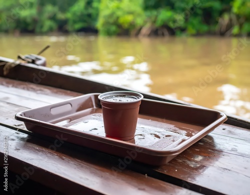 Cup of Drink on Tray by Riverbank Surrounded by Lush Greenery in Natural Habitat