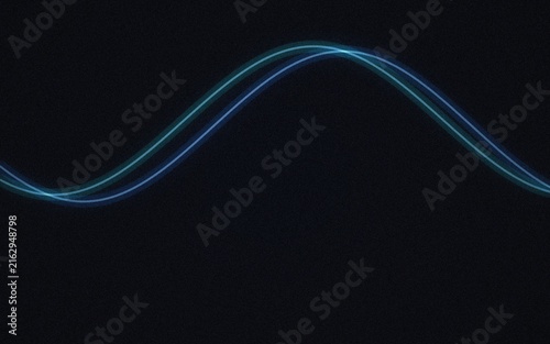 Glowing cyan and blue light trails forming smooth sine wave patterns against a dark black background, with a subtle, grainy texture effect