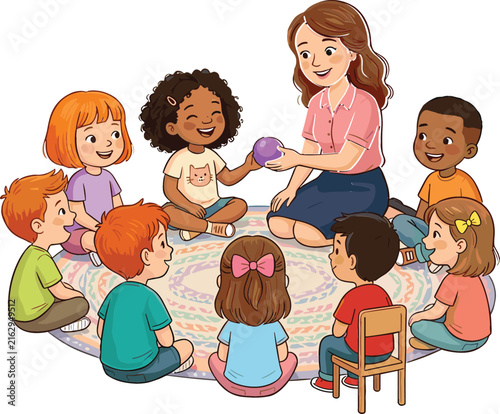 Cartoon teacher and preschool kids sitting in a circle on a rug for story time or lesson in kindergarten classroom vector illustration