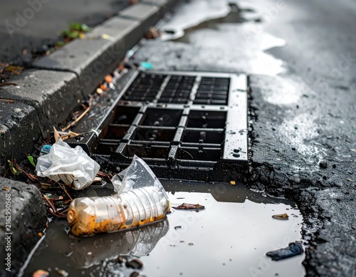 Urban Pollution: Plastic Waste and Water Pooling near Drainage in City Street