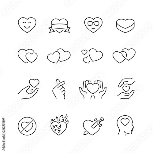 Vector line set of icons related with heart. Contains monochrome icons like heart, love, passion, valentine, and more. Simple outline sign.