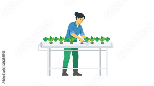 Woman tending to hydroponic lettuce garden, isolated on transparent background