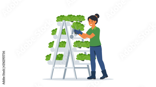 Woman Harvesting Lettuce from Vertical Hydroponic Farm Isolated