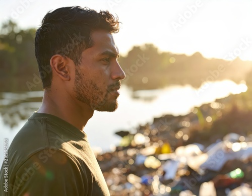 Man Contemplating Nature and Environment Near a Water Body Surrounded by Littered Debris