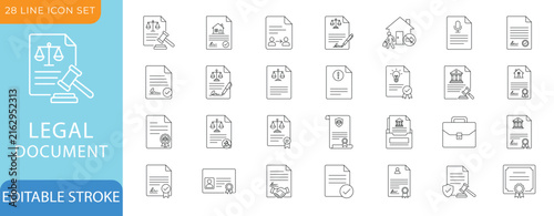 Legal Document Line Icon Set. Contains such Icons as Contract, Agreement, Legislation, Certificate, Transcript, and Petition. Editable Stroke Vector Illustration