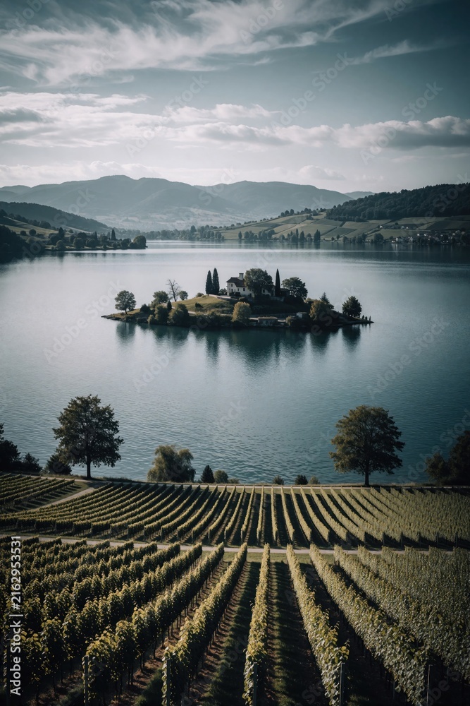 Naklejka premium Vineyard landscape with small island in lake. Rolling hills and mountains frame peaceful water scene. Island has building and trees under blue sky.
