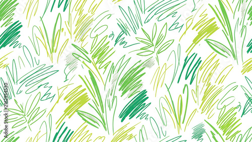 Seamless pattern with hand drawn green grass and leaves on a background, generated using ai