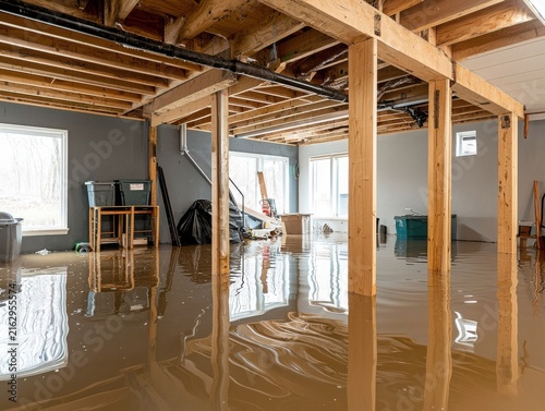 Flooded basement with standing water and exposed wooden beams