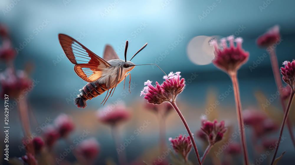 Naklejka premium close-up of a hummingbird moth hovering in vibrant nature