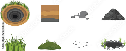 Natural Soil and Ground Landscape Element Icon Set with Animal Burrow Hole, Cross Section Layers, Rocks, Coal Pile, Grass Tuft, and Mud Puddle