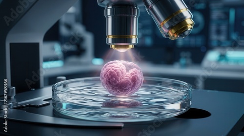 Laboratory fertility preservation concept showing an embryo under a microscope.