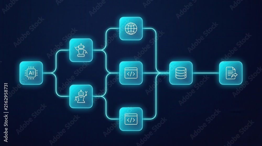 Fototapeta premium Digital process automation concept shown through an intelligent system integration workflow diagram with bot and data icons.