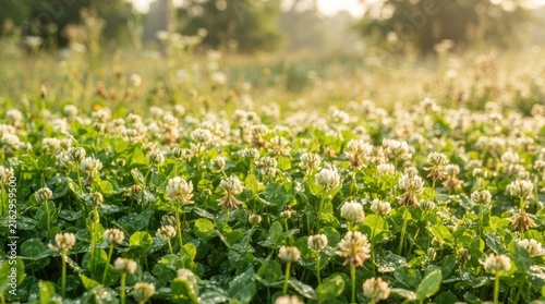 A field of clover flowers is bathed in golden sunlight.