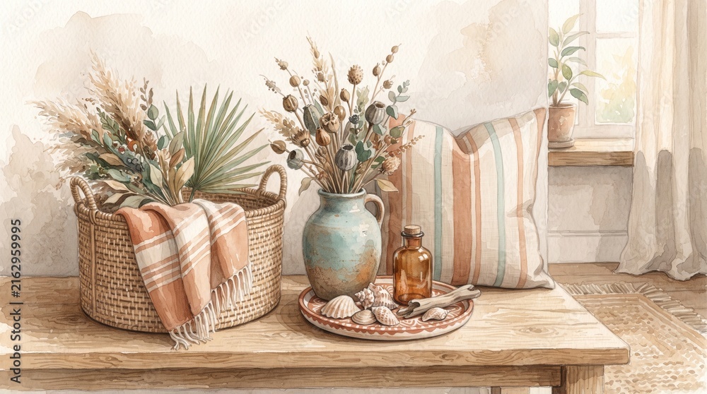 Fototapeta premium End of summer home decor clearance with rattan basket, ceramic vase, cushion, seashells and botanical accents