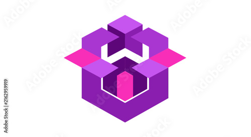 Abstract 3D Isometric Geometric Logo Icon with Purple and Pink Cubes, Modern Hexagonal Tech Symbol for Business and Software Branding