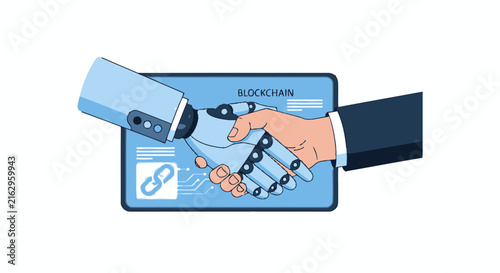 Smart Contract and Blockchain Concept with Robot and Human Handshake Illustration