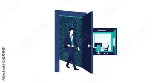 Businessman Walking Through Door Into Digital Binary Code World, Digital Transformation Concept
