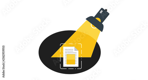 Spotlight Shining on Document Icon for Data Analysis, Research, and Audit Concepts. Flat Vector Illustration of Information Discovery and Business Investigation.