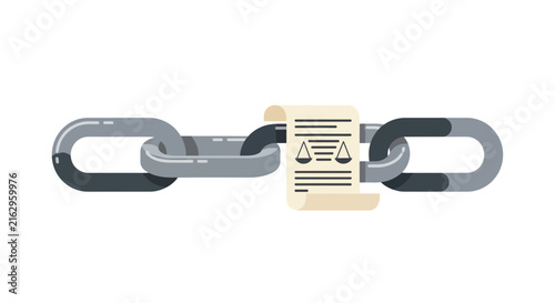 Justice and Law as a Vital Link Concept: Flat Vector Illustration of a Metal Chain with a Legal Document and Scales of Justice Symbol